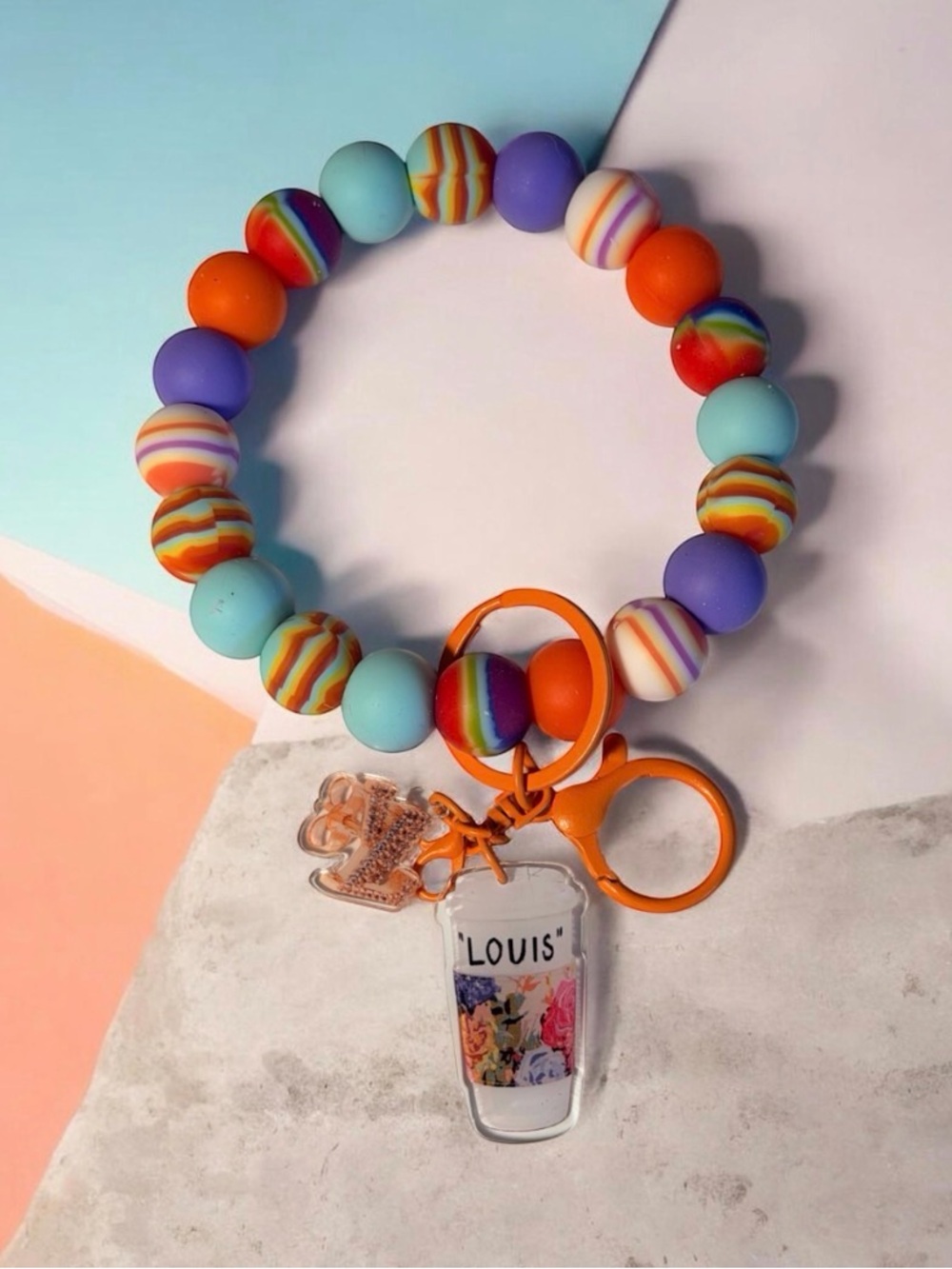 Handmade Colorful Beaded Wristlet Keyring with Charm